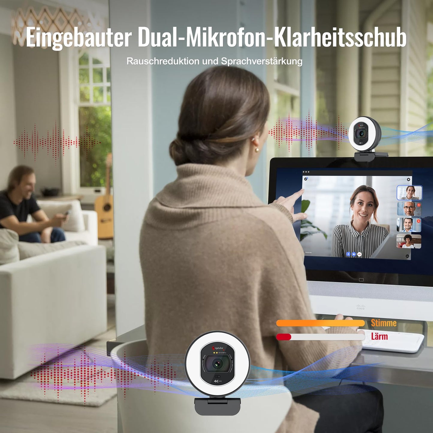 Angetube 4K webcam with light - streaming camera for PC with dual AI noise-cancelling microphone, auto-focus, and built-in privacy cover. USB 1080P 60FPS webcam for laptop and Mac.