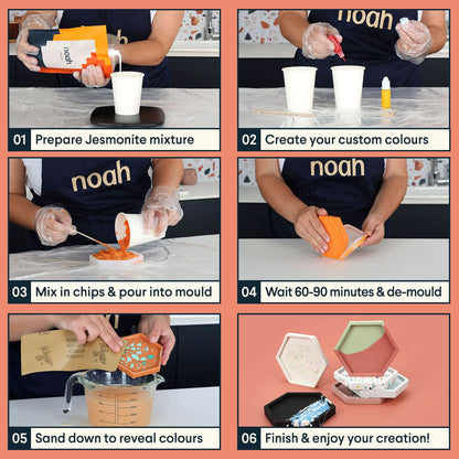 Noah Jesmonite & Terrazzo Starter Kit - Includes silicone molds, colors, gloves, sandpaper, cups, and stirrers - Gift idea (coasters/base colors)