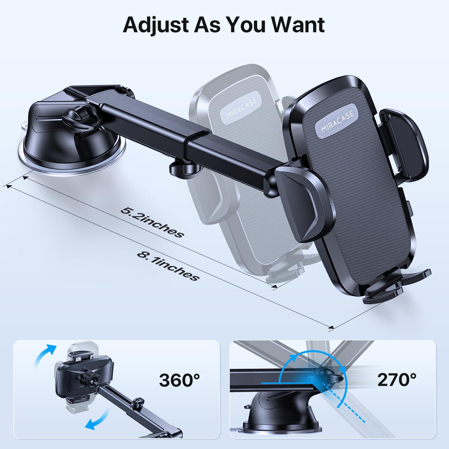 Miracase car phone holder [Improved suction cup & metal double hook] Phone holder for car air vent dashboard windshield, car phone holder for iPhone Samsung Galaxy all smartphones