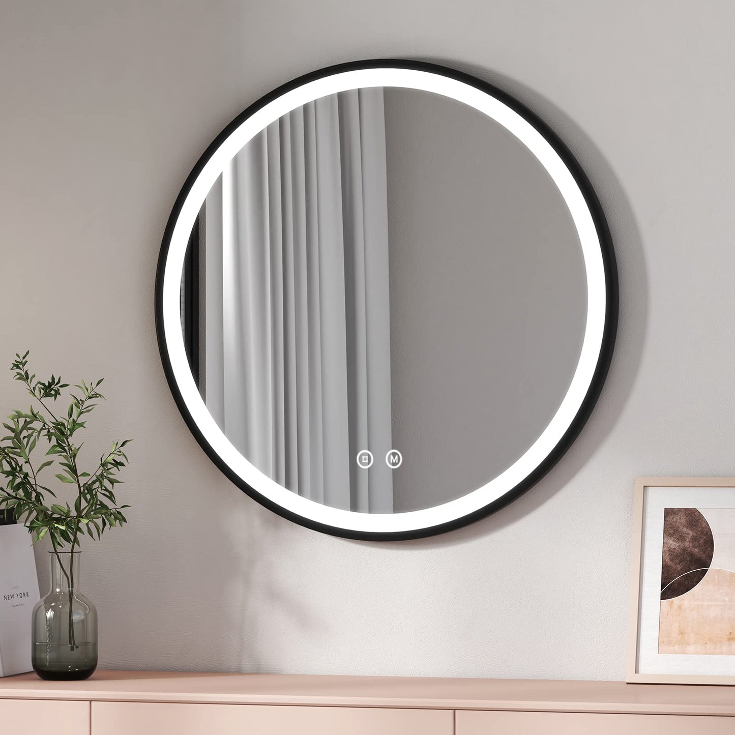 EMKE Round 60 cm bathroom mirror with lighting, touch control, 3 light colors, dimmable, memory function, adjustable strap, and 3-hour auto shutdown. IP44 bathroom mirror.