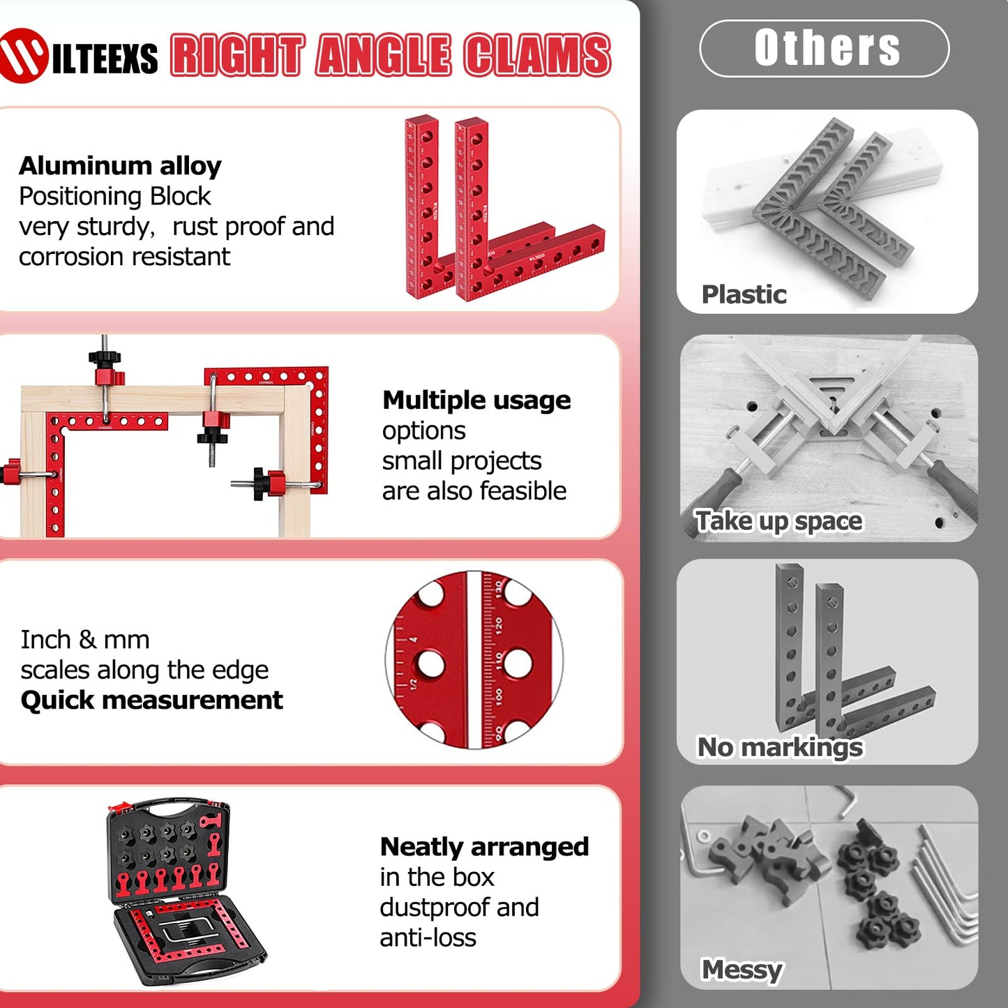 WILTEEXS Corner Clamps for Woodwork, 5.5" Aluminum Alloy Right Angle Clamp, 90 Degree Positioning Squares Clamp with Box, Right Angle Clamp Tool for Picture Frames Cabinet Drawers Making- 4 Sets