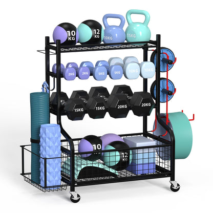 ZACHVO Barbell Rack - Home Gym Storage Weight Stand with 360° Wheels, 8 Hooks, Yoga Mat & Equipment Storage, Space-Saving Fitness Organizer for Dumbbells, Kettlebells, Yoga Blocks &.