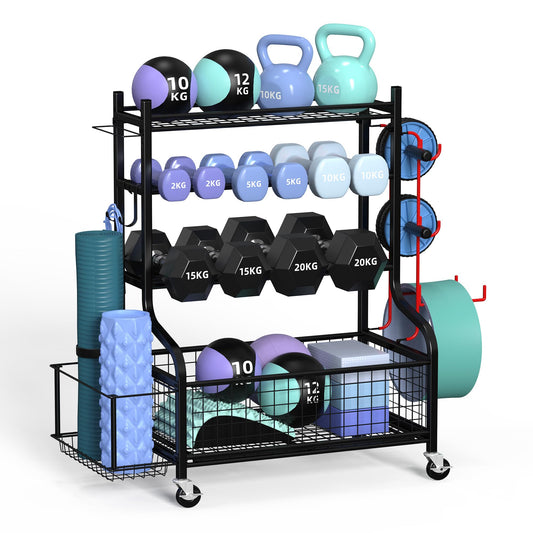 ZACHVO Barbell Rack - Home Gym Storage Weight Stand with 360° Wheels, 8 Hooks, Yoga Mat & Equipment Storage, Space-Saving Fitness Organizer for Dumbbells, Kettlebells, Yoga Blocks &.