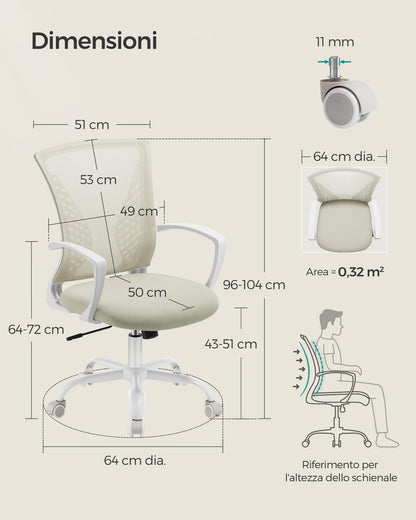 SONGMICS office chair with mesh backrest, adjustable height, swivel function, breathable fabric, suitable for office and home office, supports up to 120 kg, in cappuccino beige color OBN022K01