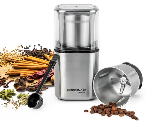 ROMMELSBACHER spice and coffee grinder EGK 200-2 stainless steel container with chopping and special blades, capacity 70 g, grind level adjustable by grinding time, suitable for pesto, spices, nuts, sugar, 200 watts