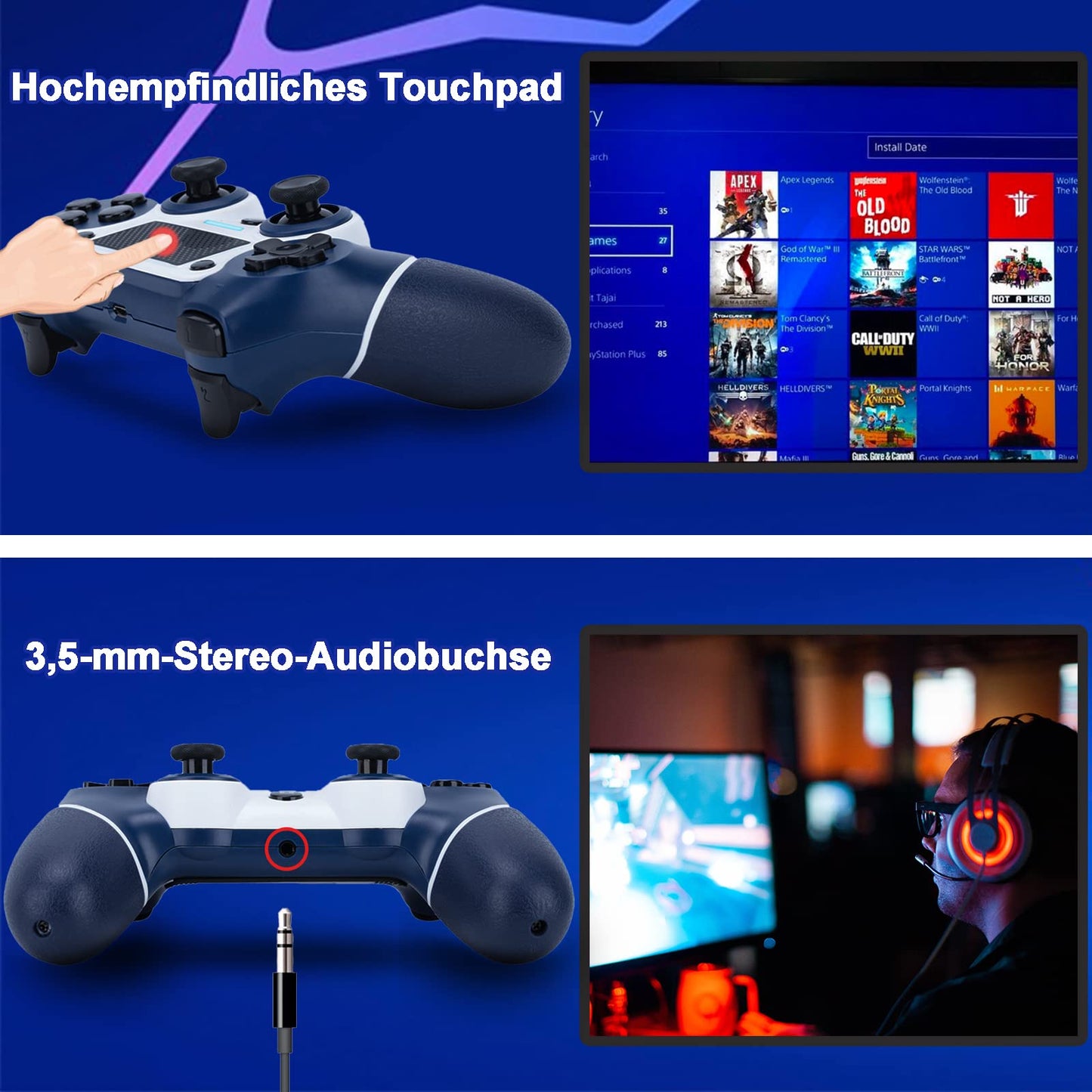 DuLingKer Wireless Controller compatible for PS4/Pro/Slim, Bluetooth gaming controller with vibration function, 6-axis gyro, turbo, 1000mAh battery, audio, game controller compatible with PS4