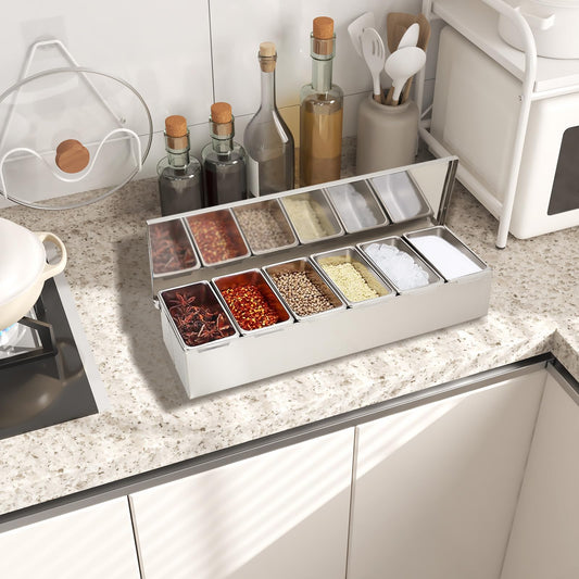 LFhelper 6 Grid X 460ML Spice Box Side Dish Container Ingredient Container Spice Container, Bar Container, Food Container Stainless Steel Fruit Box Storage, Catering Mix Replaceable ingredient box & lid
