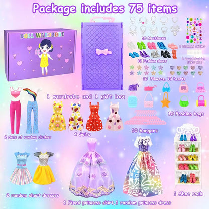 75 pieces of clothing for dolls wardrobe Clothes Jewelry Accessories for 11.5 inch doll Girl doll Dresses with wedding gown Tops Pants Shoes Hangers Bags Gift Toy for girls