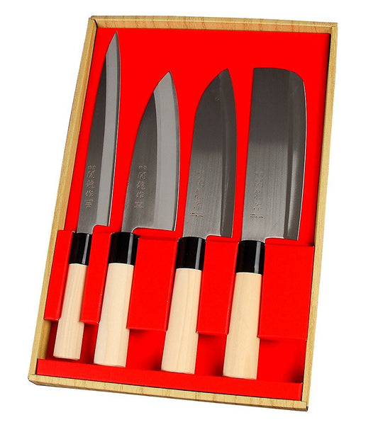 Japanese 4-piece knife set SekiRyu Sashimi, Deba, Santoku & Nakiri - SR1000. Blades made of stainless steel.