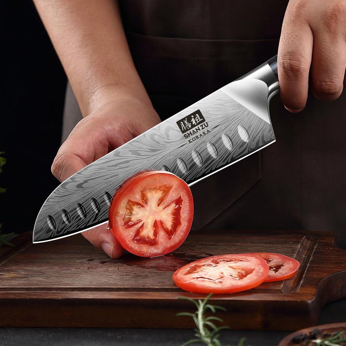 SHAN ZU Kitchen Knife made of powdered steel, Japanese Santoku Knife, 18 cm Professional Chef Knife with high carbon content, Sharp Kitchen Knife with ergonomic Pakkawood handle.
