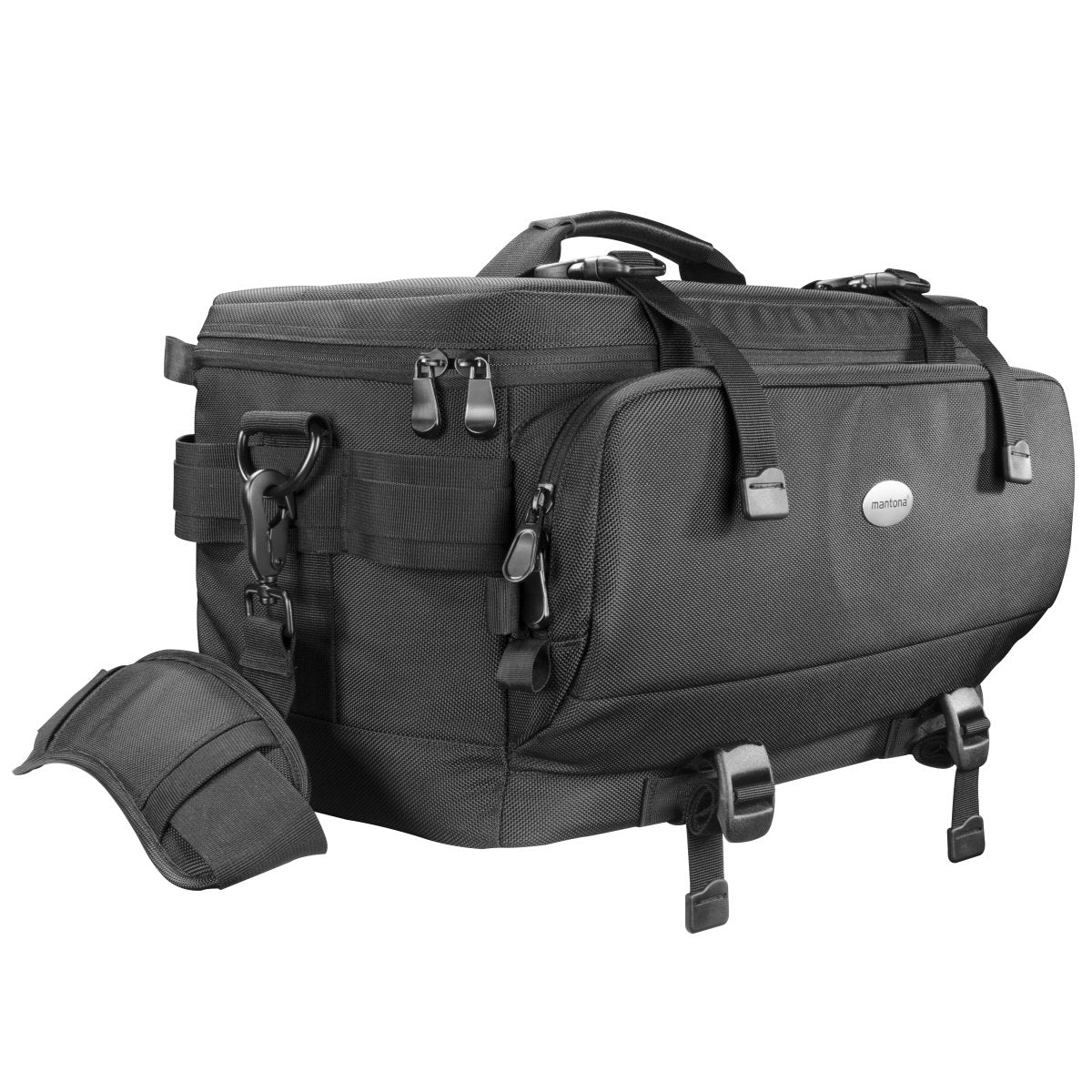 Mantona New York camera bag with internal compartments. Ideal for lenses, mirrorless cameras, and DSLRs. Provides storage for camera accessories, with rain cover and shoulder strap.