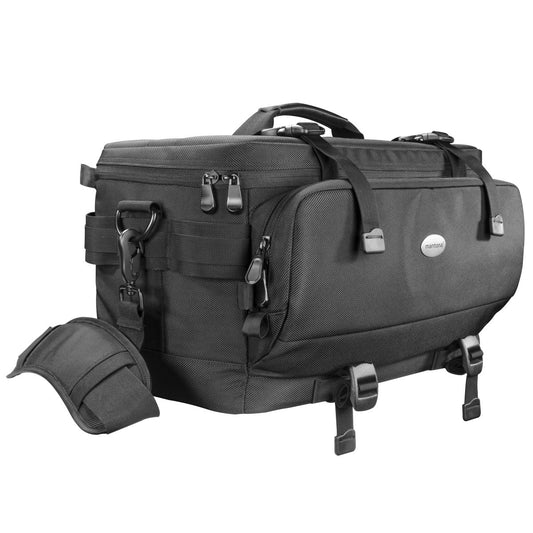 Mantona New York camera bag with internal compartments. Ideal for lenses, mirrorless cameras, and DSLRs. Provides storage for camera accessories, with rain cover and shoulder strap.