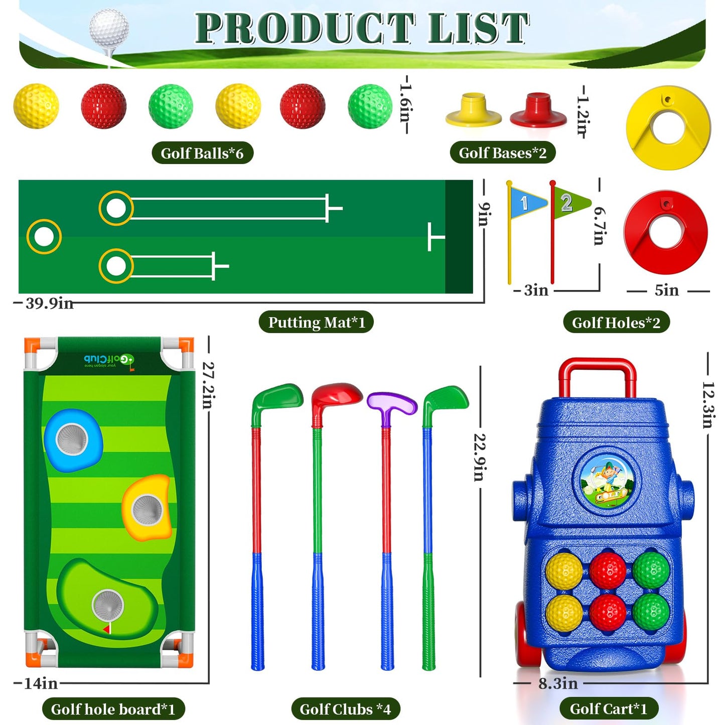 Doloowee Kids Golf Clubs, 2 in 1 Toddler Golf Set with Golf Board, Putting Mat, 6 Balls, Indoor Outdoor Sports Toy Birthday Gifts for Boys Girls 3 4 5 6 Years Old