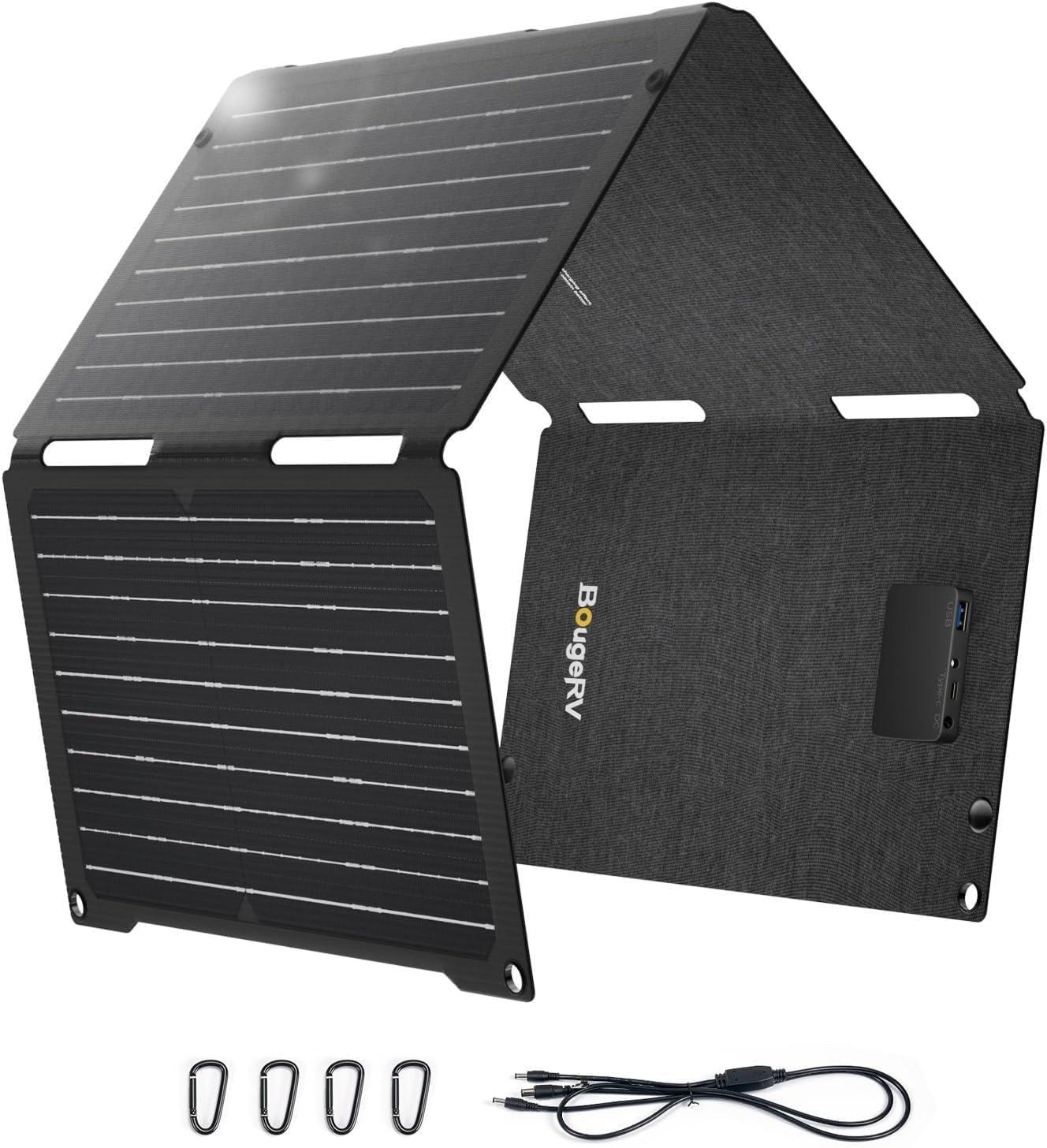 BougeRV 50W ETFE Foldable Solar Panel, Fiberglass 270°, 0.8 kg, Solar Module with DC/USB-C/USB-A outputs, Portable Solar Panel with Carabiner, Compatible with phone, tablet, small power station.