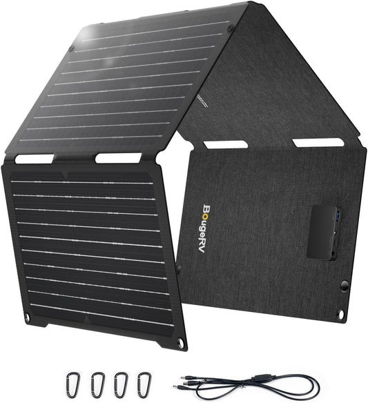 BougeRV 50W ETFE Foldable Solar Panel, Fiberglass 270°, 0.8 kg, Solar Module with DC/USB-C/USB-A outputs, Portable Solar Panel with Carabiner, Compatible with phone, tablet, small power station.