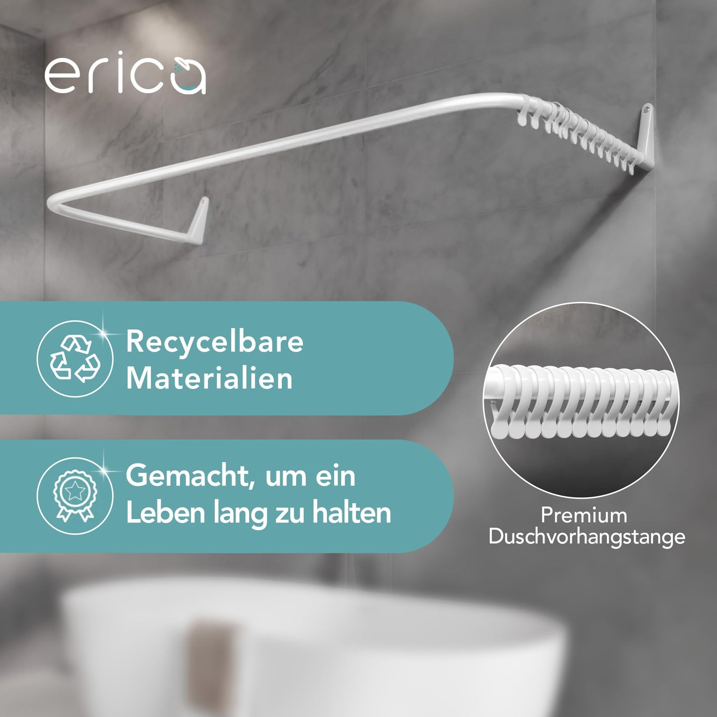 Erica Shower Curtain Rod L-shaped & U-shaped - 4-in-1 shower curtain rod for bathtub or shower - Corner shower rod - Steel with powder coating - Without ceiling mounting - White