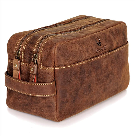 DONBOLSO Culture Bag Stockholm - Leather Cosmetic Bag for Women and Men - Genuine Leather Travel Toiletry Bag and Bath Bag - Practical Makeup Bag with plenty of storage space - Vintage Brown, 15x13x25 cm