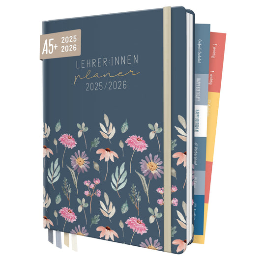 Häfft® Teacher Planner 2025/2026 A5 + "Flying Flowers" Hardcover Teacher Calendar/School Year Planner with 236 pages, stickers, and more - sustainable & environmentally friendly.
