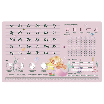 Desk pad for kids - Mermaid pattern ABC desk pad for girls - 70 x 40 cm - Double-sided polyurethane writing pad - Wipeable, oil and dirt repellent, soft