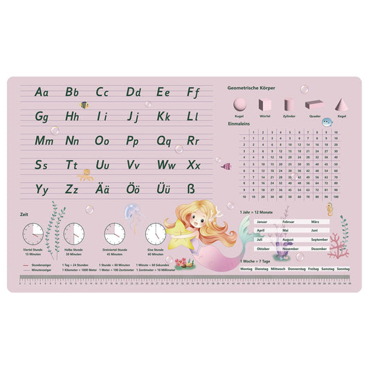 Desk pad for kids - Mermaid pattern ABC desk pad for girls - 70 x 40 cm - Double-sided polyurethane writing pad - Wipeable, oil and dirt repellent, soft