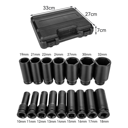 BALLSHOP Impact Wrench Socket Set 16 pcs 1/2 Inch 10-32mm Socket Wrench Set Impact Socket Set Deep and Shallow Assortment for Car Care