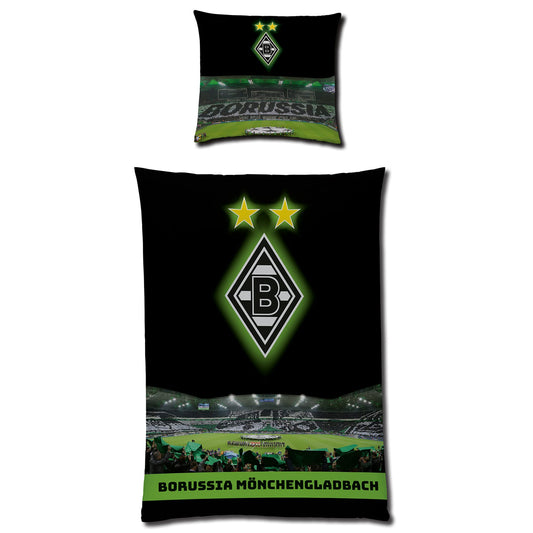 Borussia Mönchengladbach reversible bedding - Borussia-Park glows in the dark 135 x 200 + 80 x 80 cm 100% cotton Linon football fan VFL 1900 Lower Rhine German size with YKK zipper.