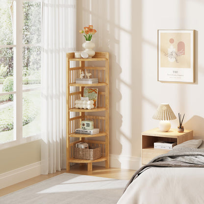 Dripex corner shelf standing, bathroom shelf, bamboo bookshelf, standing shelf with 5 shelves, 110x30x30cm, space-saving, small storage shelf for bathroom, living room, bedroom, kitchen, balcony.