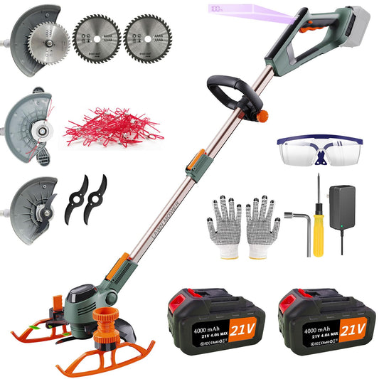 Cordless grass trimmer (21V 2x4.0AH battery and charger, auxiliary slide wheel, 90° rotating head, telescopic handle, includes 2x saw blades, 2x metal blades, 20x trimmer lines) brushcutter battery.