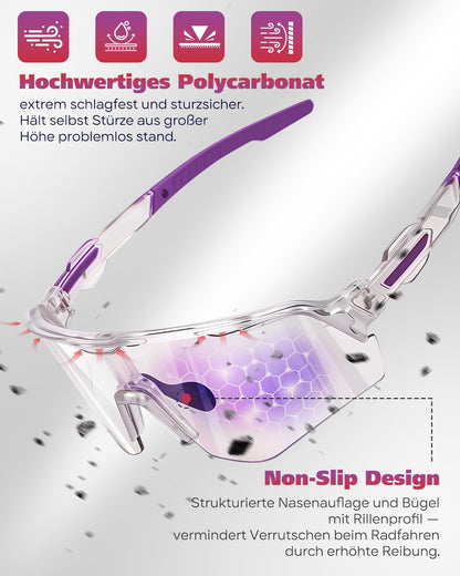Winyoher Self-Tinting Bike Glasses for Women, Photochromic Frame, Fast Sports Sunglasses for Men, UV400 Running Glasses for Beach Volleyball, Cycling - Purple