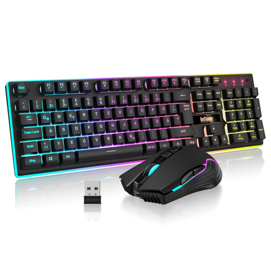 RedThunder K10 Wireless Gaming Keyboard and Mouse Set, QWERTZ DE Layout, 3000mA battery capacity and 3200 DPI for gamers (Black)