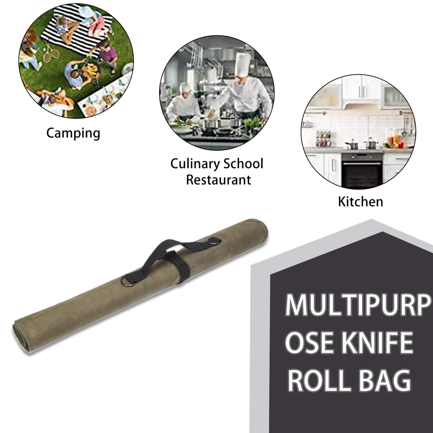 Kitchen knife storage bag, waxed canvas, utensil for knives, roll-up bag with 9 compartments, sheath for kitchen knives measuring up to 29 inches long.