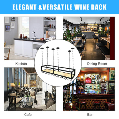 DSVONAUS Ceiling Shelf Wine Rack with Glass Holder, Hanging Metal Wine Bottle Holder, Adjustable Height Industrial Ceiling Wine Rack, Ceiling Decor Shelf for Bars, Restaurants, Kitchens (60×25×100cm)