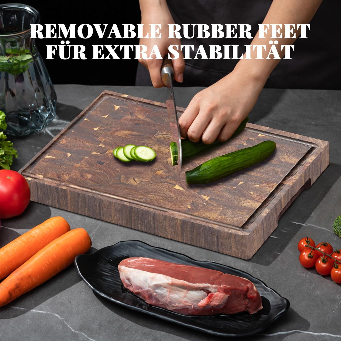COCOBOSS Cutting Board Wood Large 42x30x2.5cm, Wooden Cutting Board, Kitchen Board, made of Acacia Wood PREMIUM for Kitchen, Kitchen Wood Board, Non-slip Feet XXL