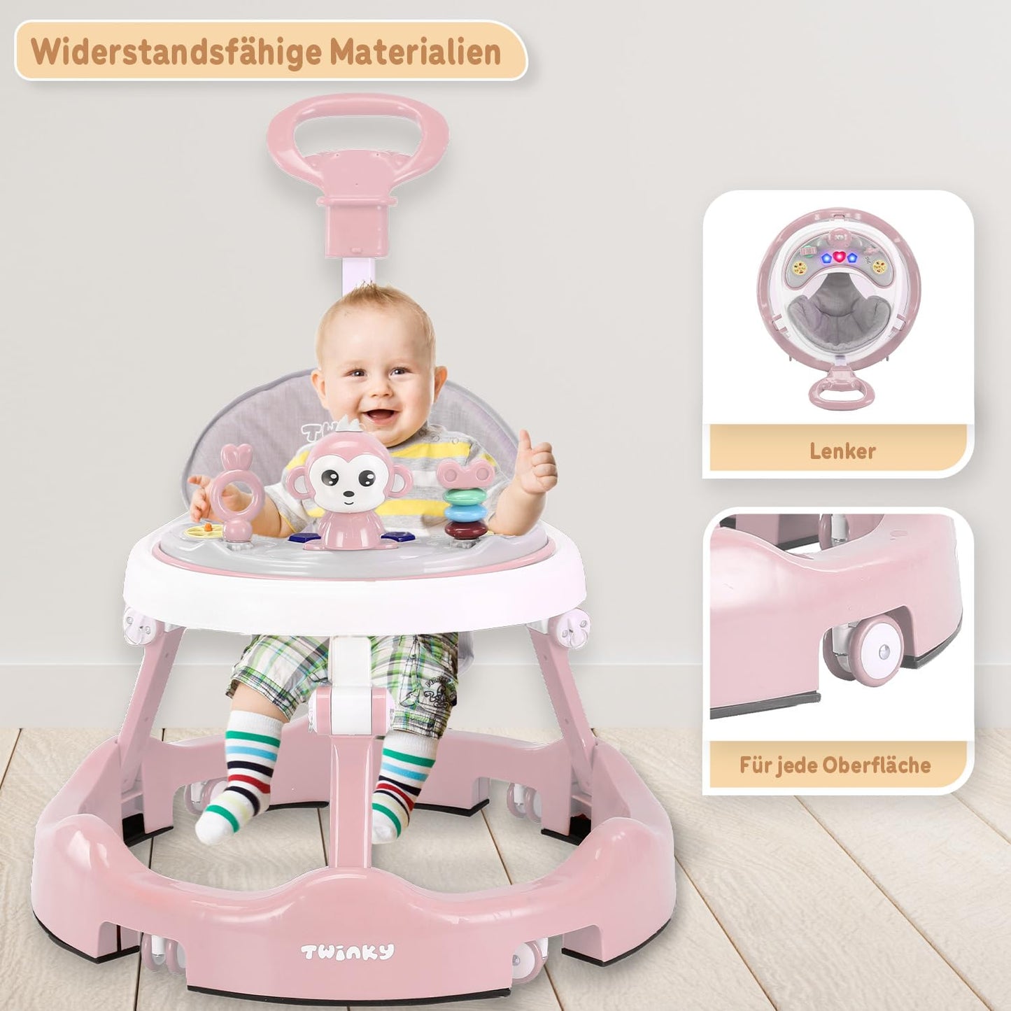 Twinky® Baby Walker with Playset & Floor Mat - Sturdy 4-way adjustable preschool walking aid - Perfect as a support for your little one's first steps (Pink)