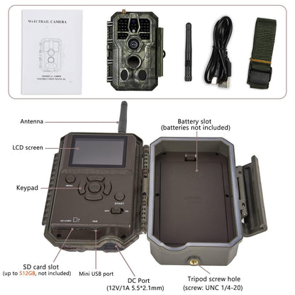 BlazeVideo WiFi Trail Camera with App, Wildlife Camera Night Vision Photo Trap 64MP 1296P Connect through APP Bluetooth Antenna with Night Vision Motion Sensor.