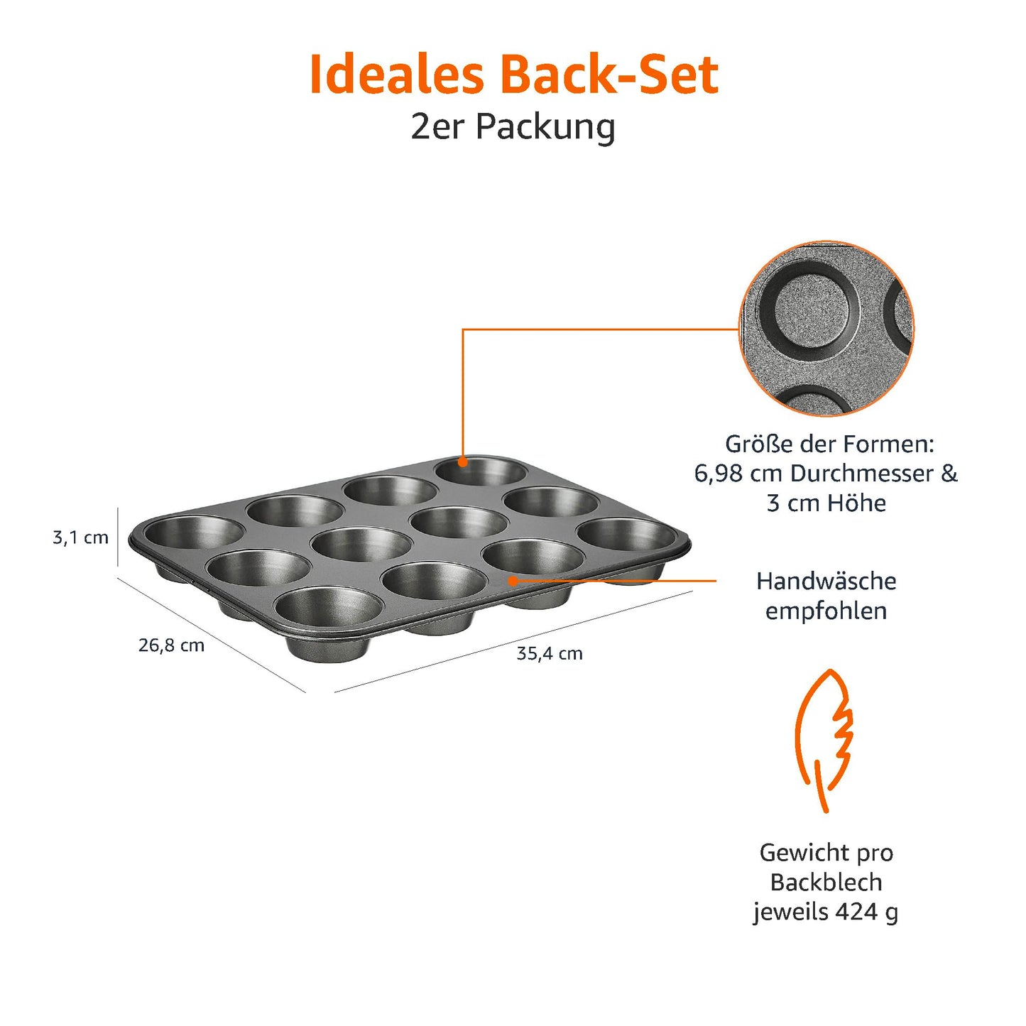 Amazon Basics Round Muffin Pan, Non-Stick Coating, Carbon Steel, 2-Pack, Gray, 13.9"x10.55"x1.22"