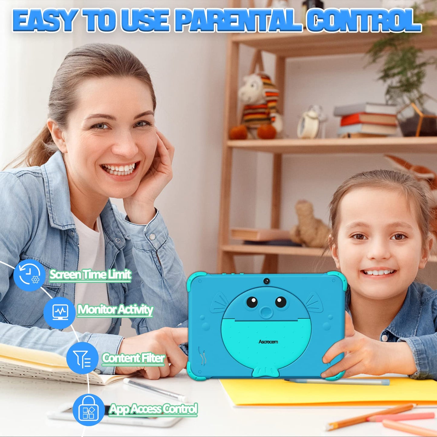 Ascrecem Kids Tablet 10 Inch Android Tablet with WiFi Dual Camera IPS Display 2GB 32GB ROM, Learning Children's Tablet for 3-14 Years Old, Toddler Tablets PC with Kid-Proof Case Kids Software (Blue)