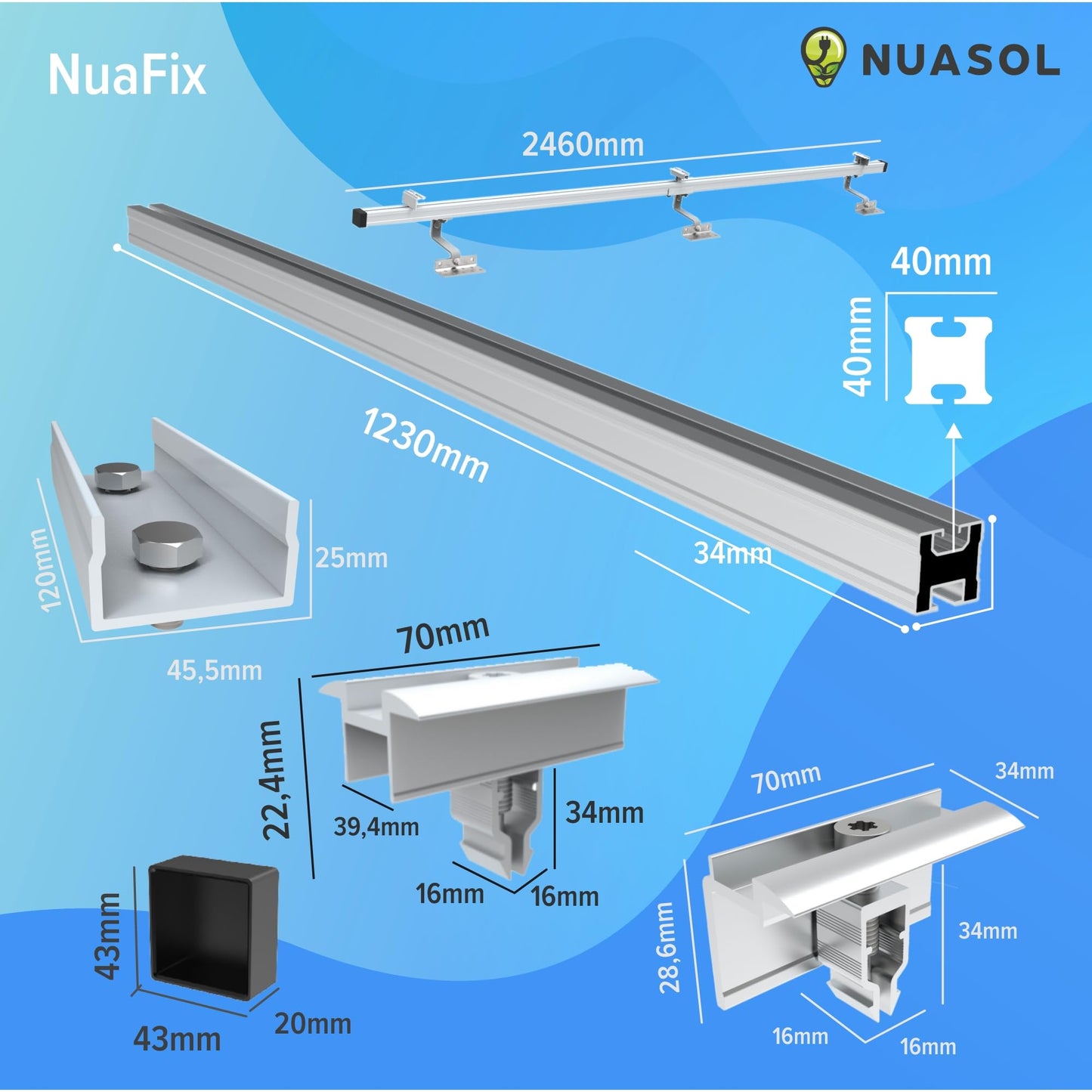 NuaSol PV Photovoltaic 2-set Mounting Kit Tile Roof Mount Rail Roof Hook - incl. Solar Aluminum Profile, End Caps, 35mm End Clamps, up to 115cm Width per Module and 35mm Height, Silver