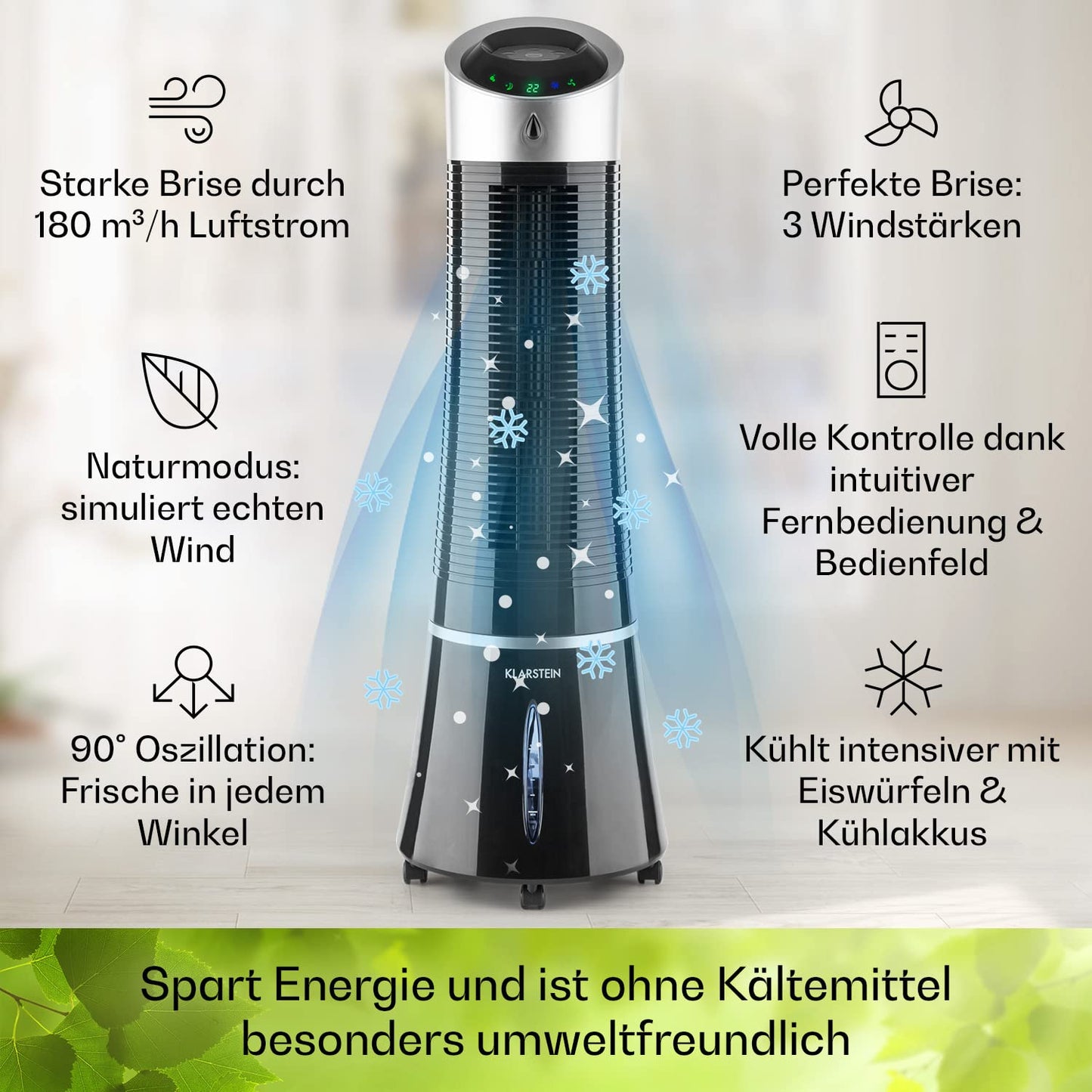 Klarstein air cooler with water cooling, 5-in-1 evaporative cooler, humidifier, fan, air purifier & night mode, portable air conditioning unit air cooler 6L, 45 watt air cooler, 180 m³/h airflow