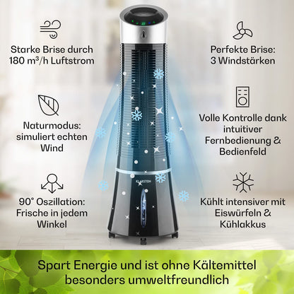 Klarstein air cooler with water cooling, 5-in-1 evaporative cooler, humidifier, fan, air purifier & night mode, portable air conditioning unit air cooler 6L, 45 watt air cooler, 180 m³/h airflow