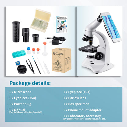 2000X optical microscope, metal body, 2 WF eyepieces, dual illuminator system, EU plug, complete accessories for kids, students, beginners.