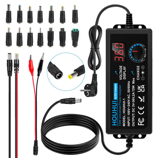 3V-36V Adjustable Power Supply Universal Power Adapter 2A 72W Adjustable Power Adapter 100V-240V AC to DC with LED Voltage Display and 5.5x2.5mm 16Tips for Household Electronics, DC Motor 2A Max