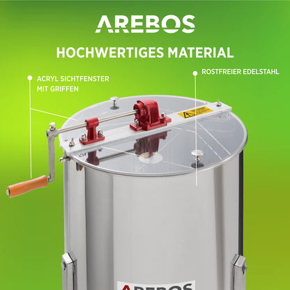 Arebos Premium Manual Honey Extractor | 4 Frame | Tangential Stainless Steel Extractor | Honey Extractor with Lid | Beekeeping and Beekeeper Accessories