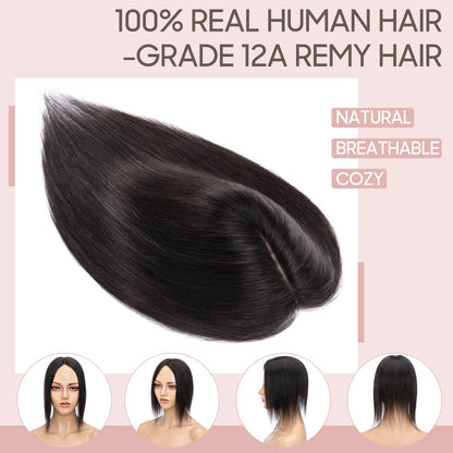 Silk-co Hair Topper Real Hair, 10x12cm Base Women's Toupee, Hair Topper Real Hair with Remy Silk Base, Hair Topper Clip in Hairpiece Extensions, 40cm 1B# Natural Black