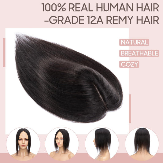 Silk-co Hair Topper Real Hair, 10x12cm Base Women's Toupee, Hair Topper Real Hair with Remy Silk Base, Hair Topper Clip in Hairpiece Extensions, 40cm 1B# Natural Black
