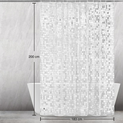 WELTRXE shower curtain with bottom weight magnets, transparent geometric design, made of waterproof and antibacterial Eva material. Size: 183*200cm, comes with 12 curtain rings. Ideal for shower and bathtub.