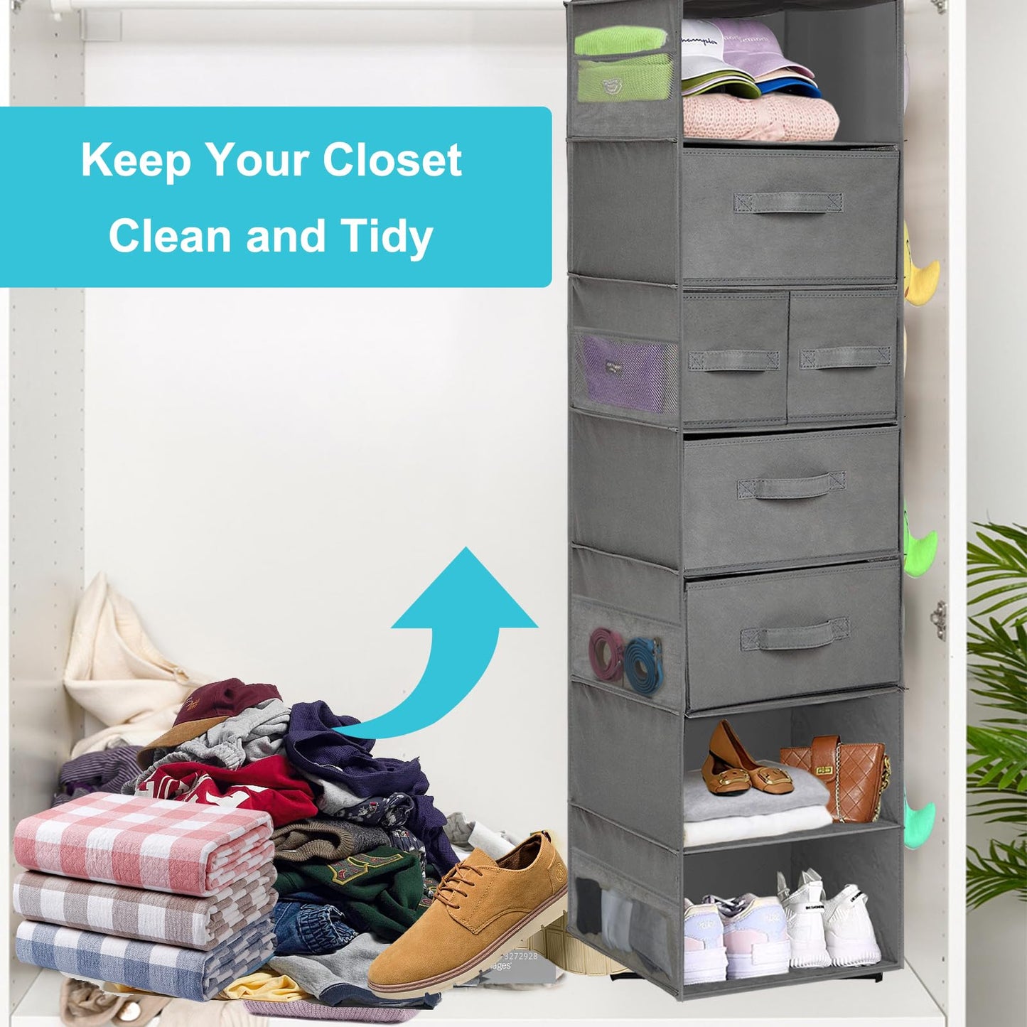 VERONLY hanging shelf with 7 compartments hanging organizer wardrobe organizer hanging storage fabric with 5 drawers and 8 mesh pockets foldable storage system for bedroom, camper camping (gray)