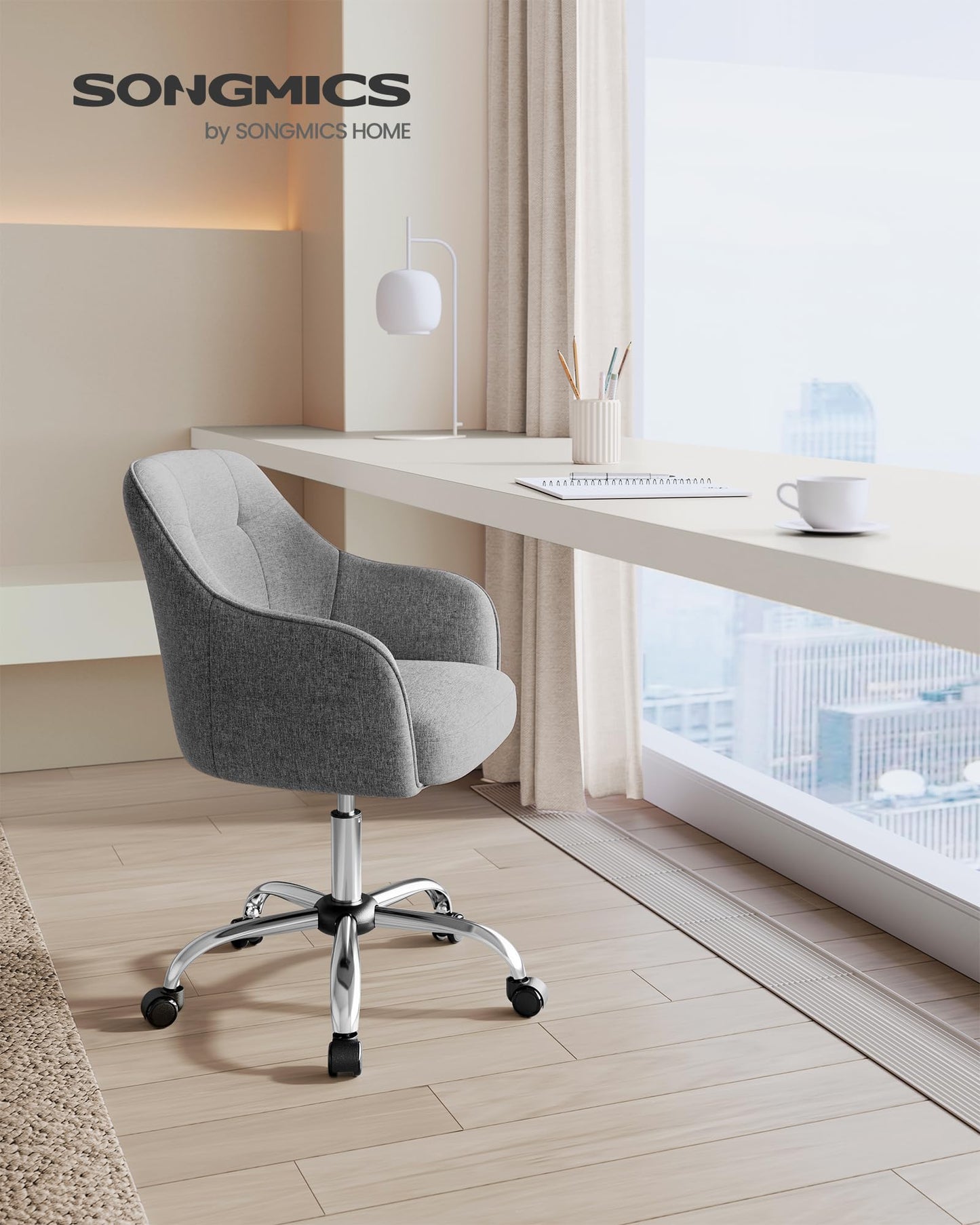 SONGMICS Home Office Chair, Swivel Desk Chair, Height Adjustable, Supports up to 110 kg, Breathable Fabric, for Study Room, Bedroom, Grey OBG019G01