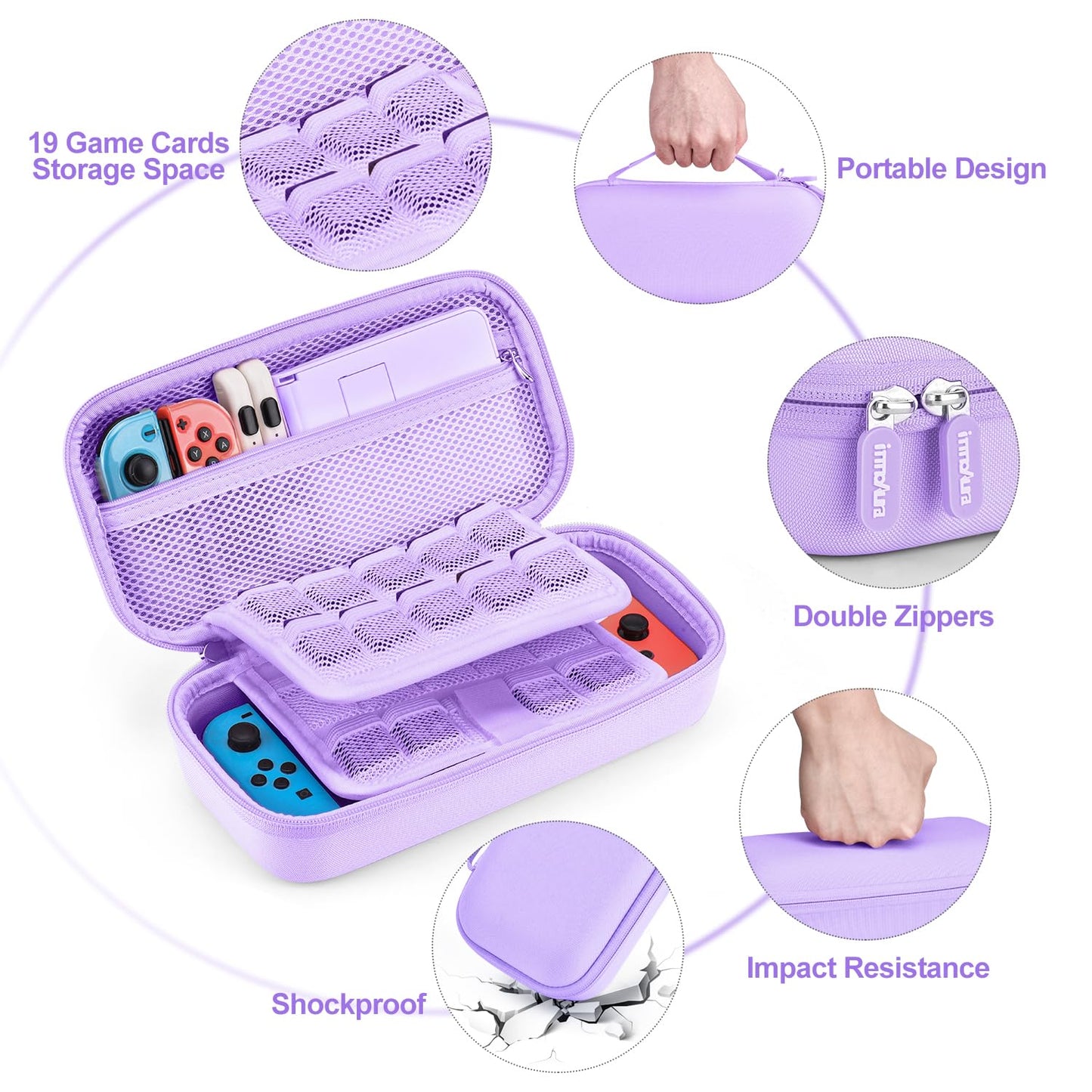 Switch case for Nintendo Switch - innoAura 18 in 1 Switch accessory kit with Switch case, Switch case, Switch game storage, Switch screen protector, Switch stand, Switch joystick caps (Purple)