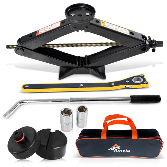 Jack with wheel brace & Tesla pad and universal rubber pad 3 tons (3000 kg) - scissor jack for car and SUV - car jack set - portable, ideal for maintenance and repair